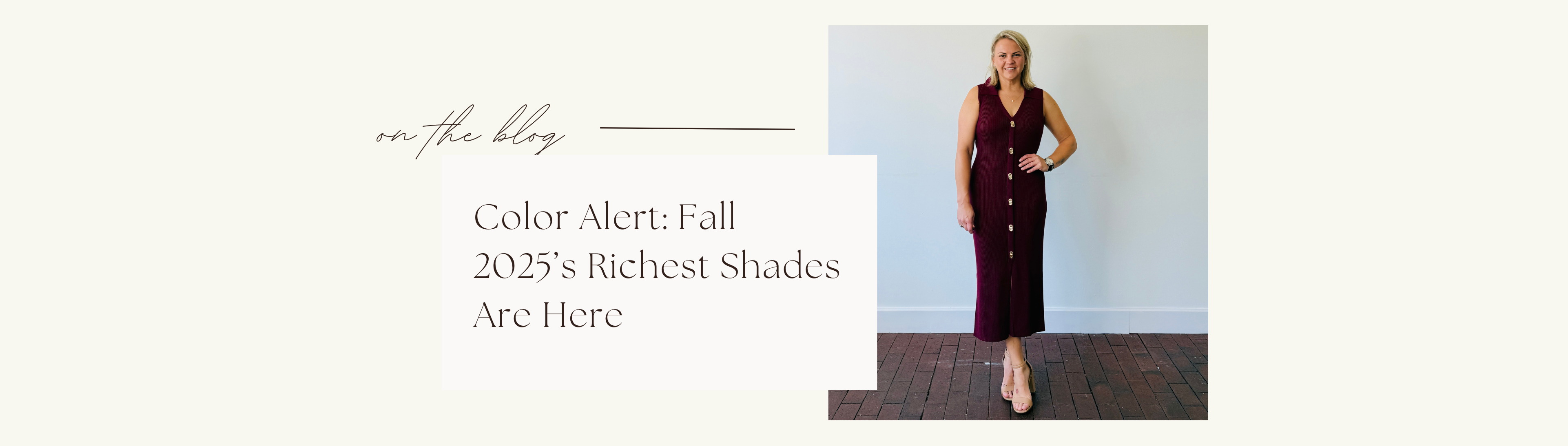 Woman wearing a sleeveless burgundy ribbed midi dress with button front, standing against a light neutral wall. Text overlay reads “Color Alert: Fall 2025’s Richest Shades Are Here.”